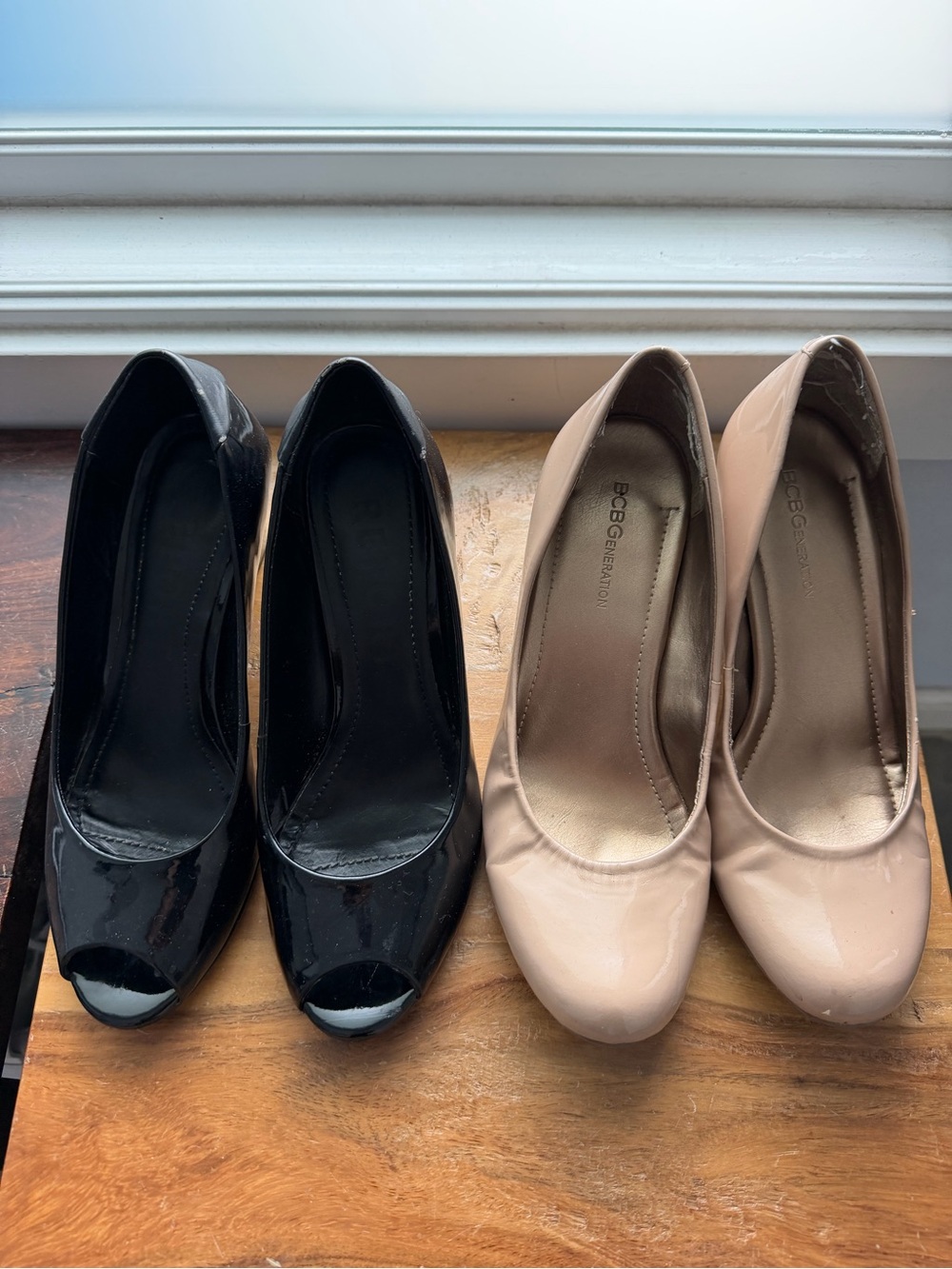 (2 Pairs) BCBGeneration Nude & Black Patent Peep Toe Heels